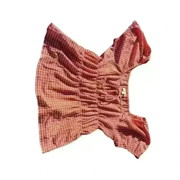 Madewell Omaha Orange White Peplum Gingham Check Blouse Short Sleeves X-Large - Picture 3 of 5